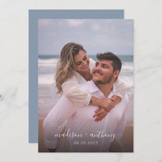 Invitation Mariage photo moderne simple Dusty Blue Script (Devant / Derrière)