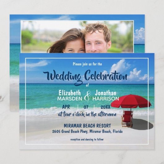 Invitation Mariage photo moderne Tropical Beach Red Umbrella (Devant / Derrière)