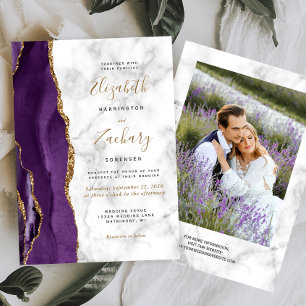 Invitation Mariage photo moderne violet or agate marbre