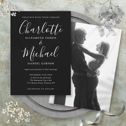 Invitation Mariage Photo Monochrome Script Noir Et Blanc