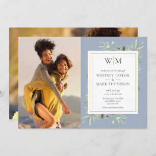 Invitation Mariage photo Monogram Greenery Dusty Blue