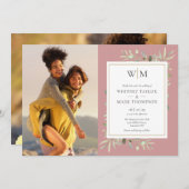 Invitation Mariage photo Monogram Greenery Dusty Rose (Devant / Derrière)