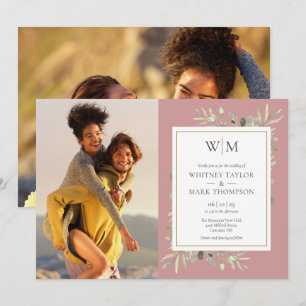 Invitation Mariage photo Monogram Greenery Dusty Rose