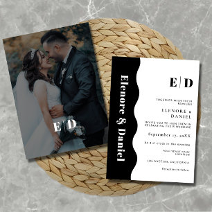 Invitation Mariage photo Monogram noir et blanc côté vague