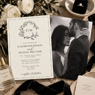 Invitation Mariage Photo Monogramme à Crête Feuillue Ivoire N