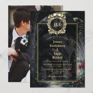 Invitation Mariage Photo Monogramme Floral Roses Ruines Gothi