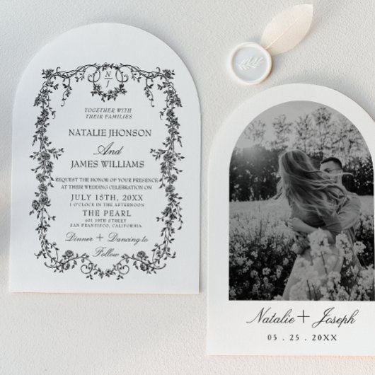 Invitation Mariage photo monogramme noir blanc arqué