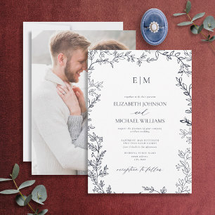 Invitation Mariage photo Monogramme photo Elegant Navy Blue L