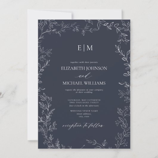 Invitation Mariage photo Monogramme photo Elegant Navy Blue L (Devant)