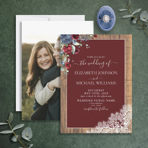 Invitation Mariage photo Navy Blue Burgundy Wood Script