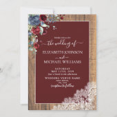 Invitation Mariage photo Navy Blue Burgundy Wood Script (Devant)
