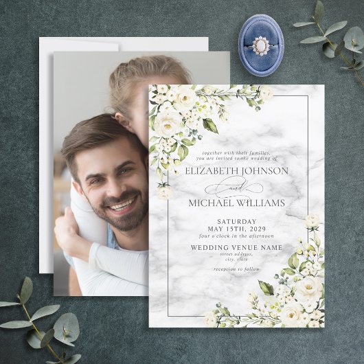 Invitation Mariage photo Neutral Botanique Vert Marbre