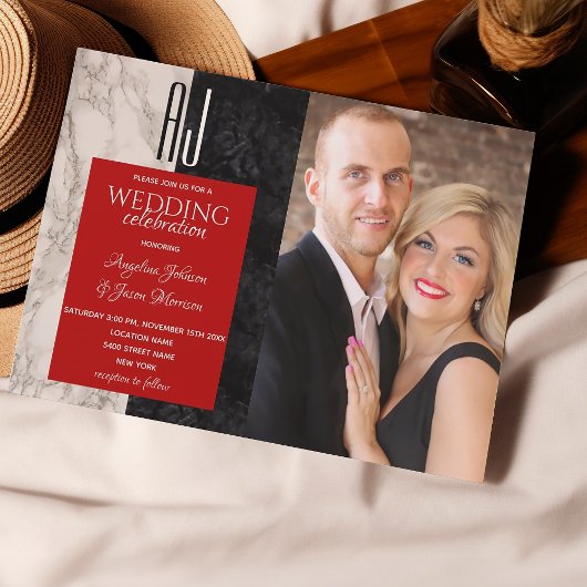 Invitation Mariage photo noir blanc et rouge