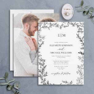 Invitation Mariage photo noir blanc minima feuille