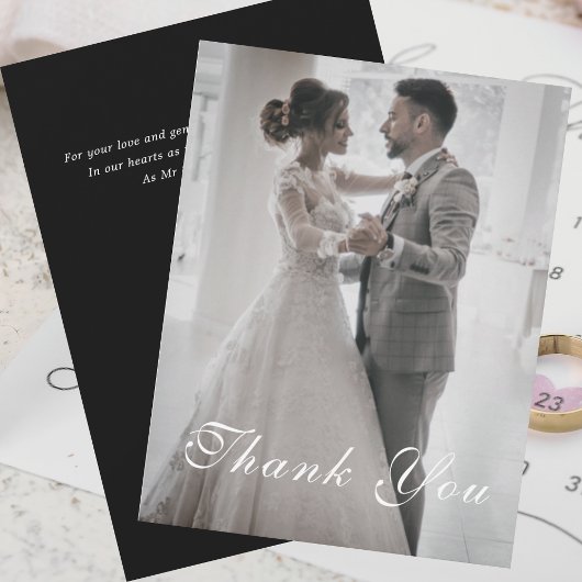 Invitation Mariage photo noir blanc or floral Merci
