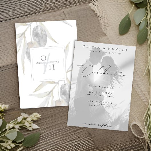 Invitation Mariage photo noir et blanc de la branche d'olivie