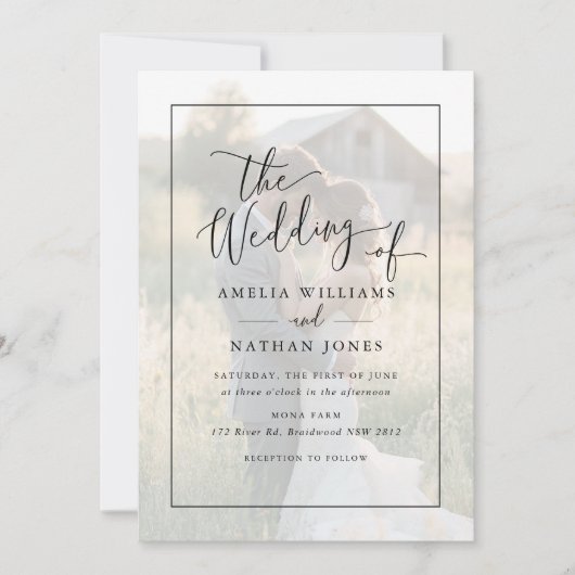 Invitation Mariage photo noir rustique Script blanc (Devant)