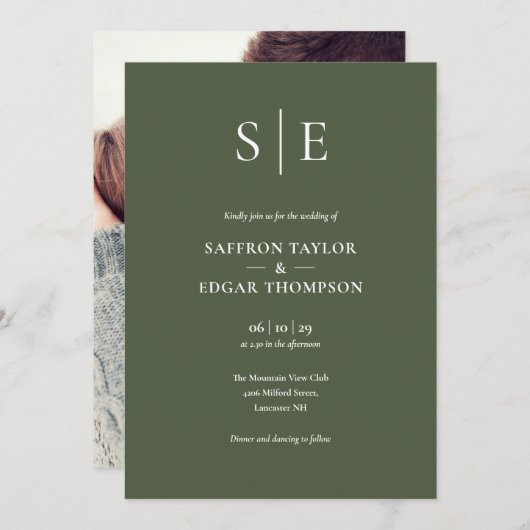 Invitation Mariage photo Olive Green Monogram (Devant / Derrière)