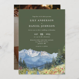 Invitation Mariage photo Olive Green Mountain Fleur sauvage