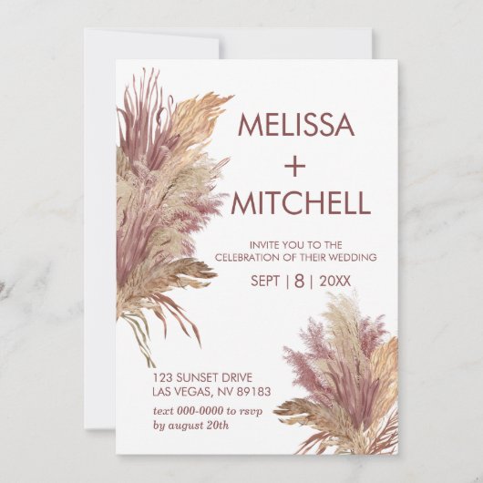 Invitation Mariage Photo Pampas Élégance Grass Mauve rose (Devant)