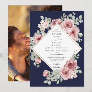 Invitation Mariage photo poussiéreux rose bleu marine floral