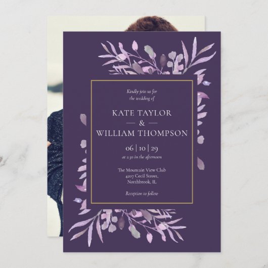 Invitation Mariage photo Purple Foliage Chic Gold (Devant / Derrière)