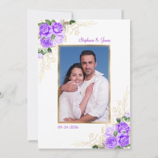 Invitation Mariage photo Purple Gold Floral (Devant)