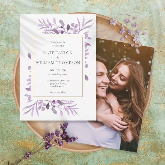 Invitation Mariage photo Purple Lavender Foliage Gold