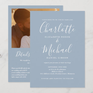 Invitation Mariage photo QR Code élégant écriture Dusty Blue