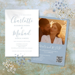 Invitation Mariage photo QR Code élégant écriture Dusty Blue