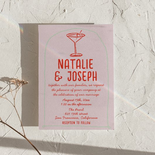 Invitation Mariage photo QR Code Retro main tiré Martini