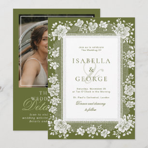 Invitation Mariage Photo QR Code Vert Olive Dentelle Argent A