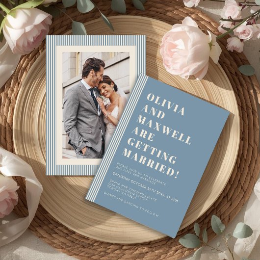 Invitation Mariage Photo Rayé Bleu Classique Moderne