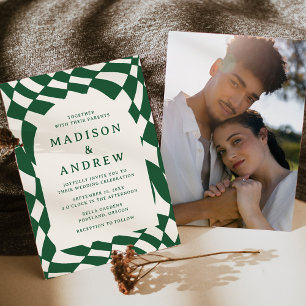 Invitation Mariage Photo Rétro à Damier Vert