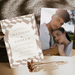 Invitation Mariage Photo Rétro Damier Beige