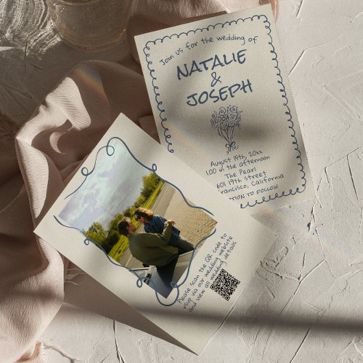 Invitation Mariage photo Retro Hand Drawn Navy bleu QR Code