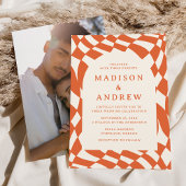 Invitation Mariage photo Retro Orange Checkerboard
