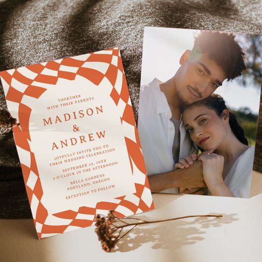 Invitation Mariage photo Retro Orange Checkerboard