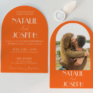 Invitation Mariage Photo Rétro Orange Élégant et Gras en Arc