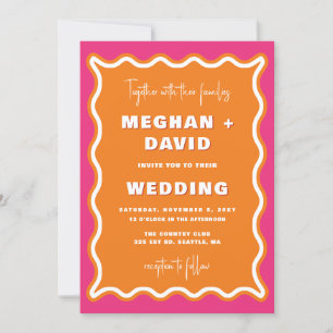 Invitation Mariage photo Retro Squiggle Wavy Pink Orange
