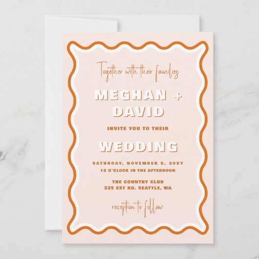 Invitation Mariage photo Retro Squiggle Wavy Terracotta (Devant)