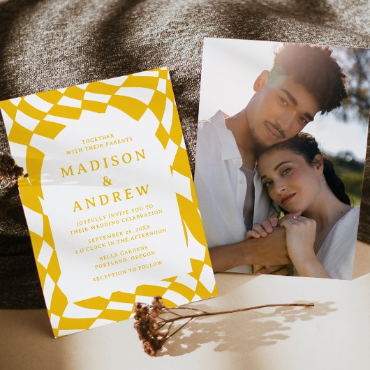 Invitation Mariage photo Retro Yellow Checkerboard