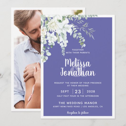 Invitation Mariage photo romantique blanc doux fleur violet (Devant / Derrière)