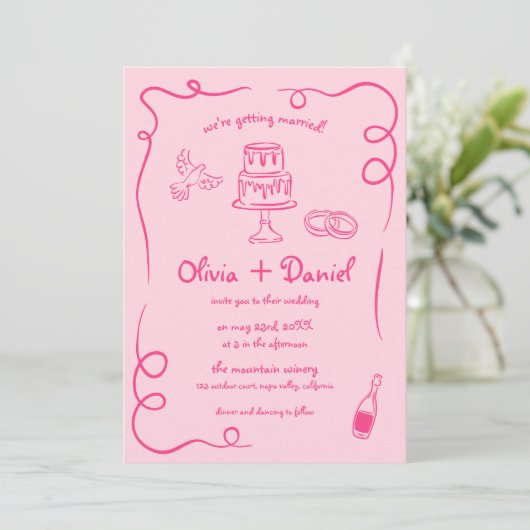 Invitation Mariage photo rose blanc QR Code main (Debout devant)