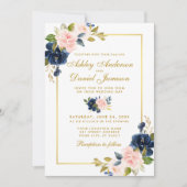 Invitation Mariage photo rose bleu floral or (Devant)