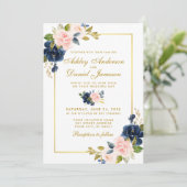 Invitation Mariage photo rose bleu floral or (Debout devant)