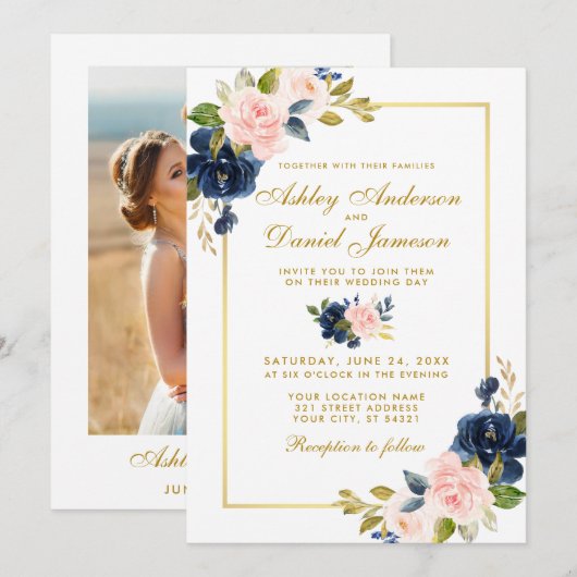 Invitation Mariage photo rose bleu floral or (Devant / Derrière)