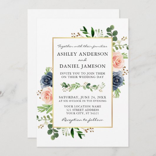 Invitation Mariage photo Rose Dusty Blue (Devant / Derrière)