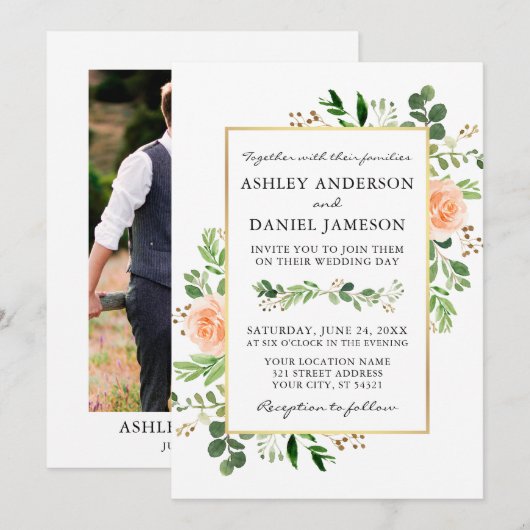 Invitation Mariage photo Rose Peach Watercolor (Devant / Derrière)