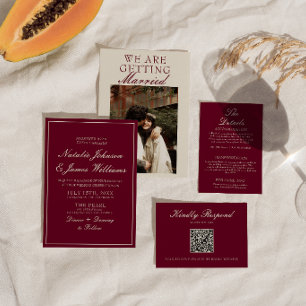 Invitation Mariage Photo Rouge Profond Élégant Argent Familia